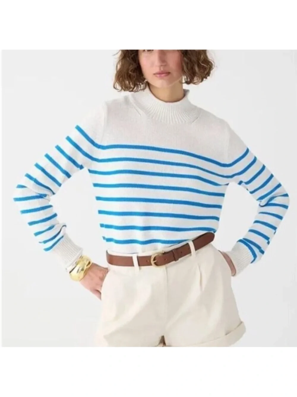 J.CREW heritage rollneck sweater stripe cream blue coastal viral prep size XS
